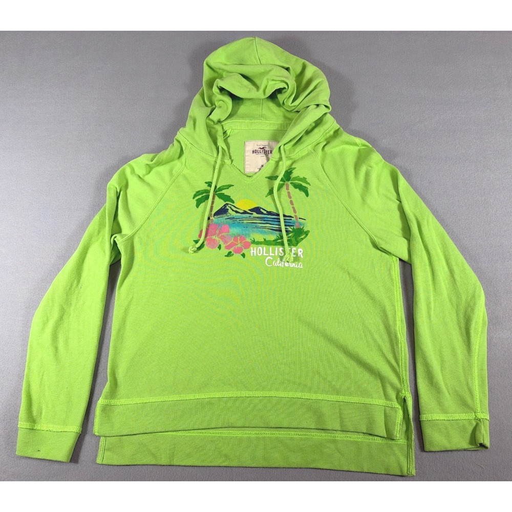 Hollister California Lime Green Tropical Graphic Hoodie V-Neck‎ Pullover Medium